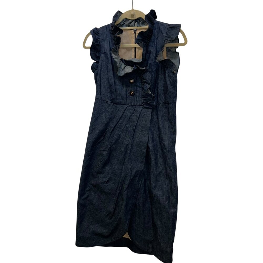voom by joy han chambray denim anchor buttons ruffle trim dress M